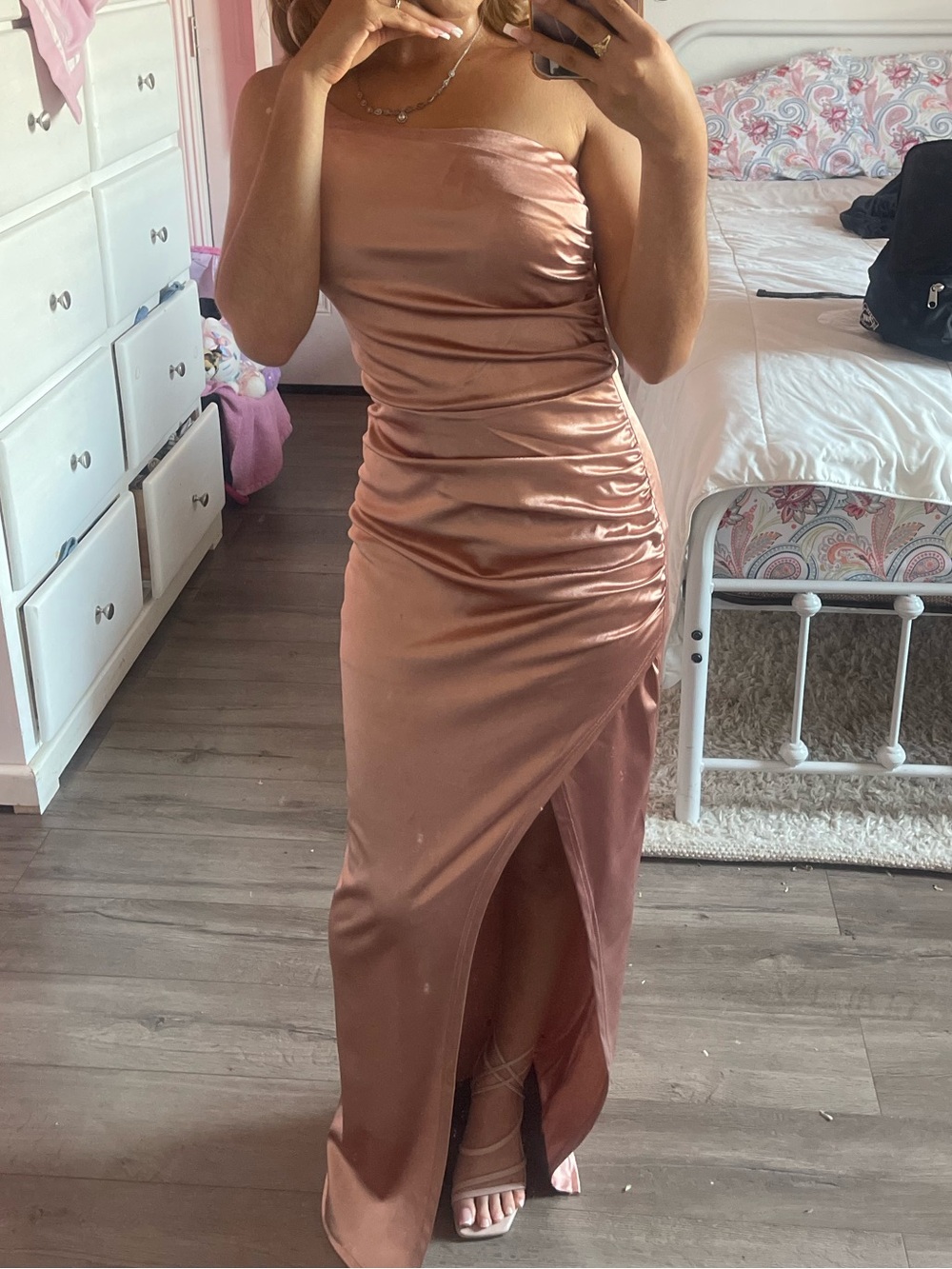 Satin Ruched Strapless Maxi Dress in Rose Gold